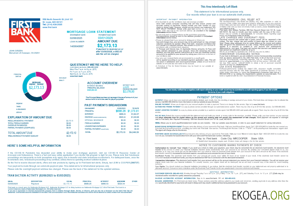 Relevé de prêt hypothécaire de la banque USA Bay First aux formats Word et PDF, 4 pages 1, 2